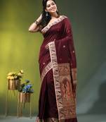 maroon cotton blend saree with floral motifs