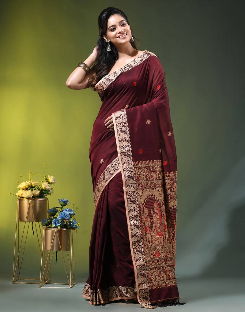 maroon cotton blend saree with floral motifs