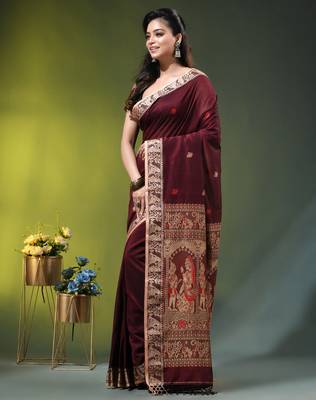 maroon cotton blend saree with floral motifs 2