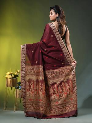 maroon cotton blend saree with floral motifs 3