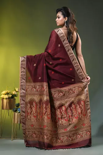 maroon cotton blend saree with floral motifs