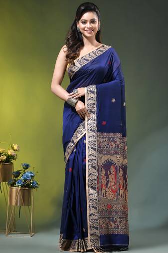 royal blue cotton blend saree with floral motifs