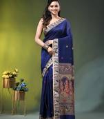 royal blue cotton blend saree with floral motifs