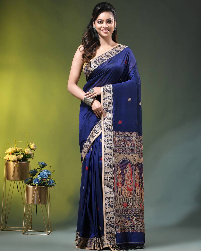 royal blue cotton blend saree with floral motifs