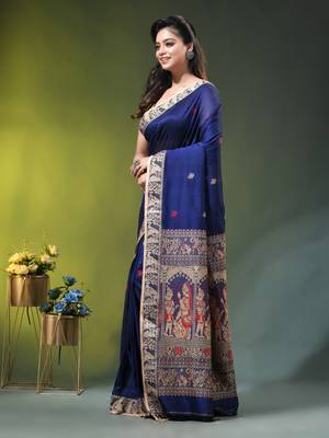 royal blue cotton blend saree with floral motifs 2