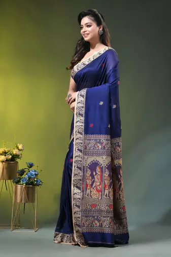 royal blue cotton blend saree with floral motifs