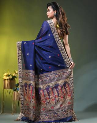 royal blue cotton blend saree with floral motifs 3