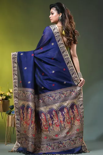 royal blue cotton blend saree with floral motifs