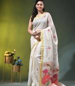 White linen saree with red floral woven design