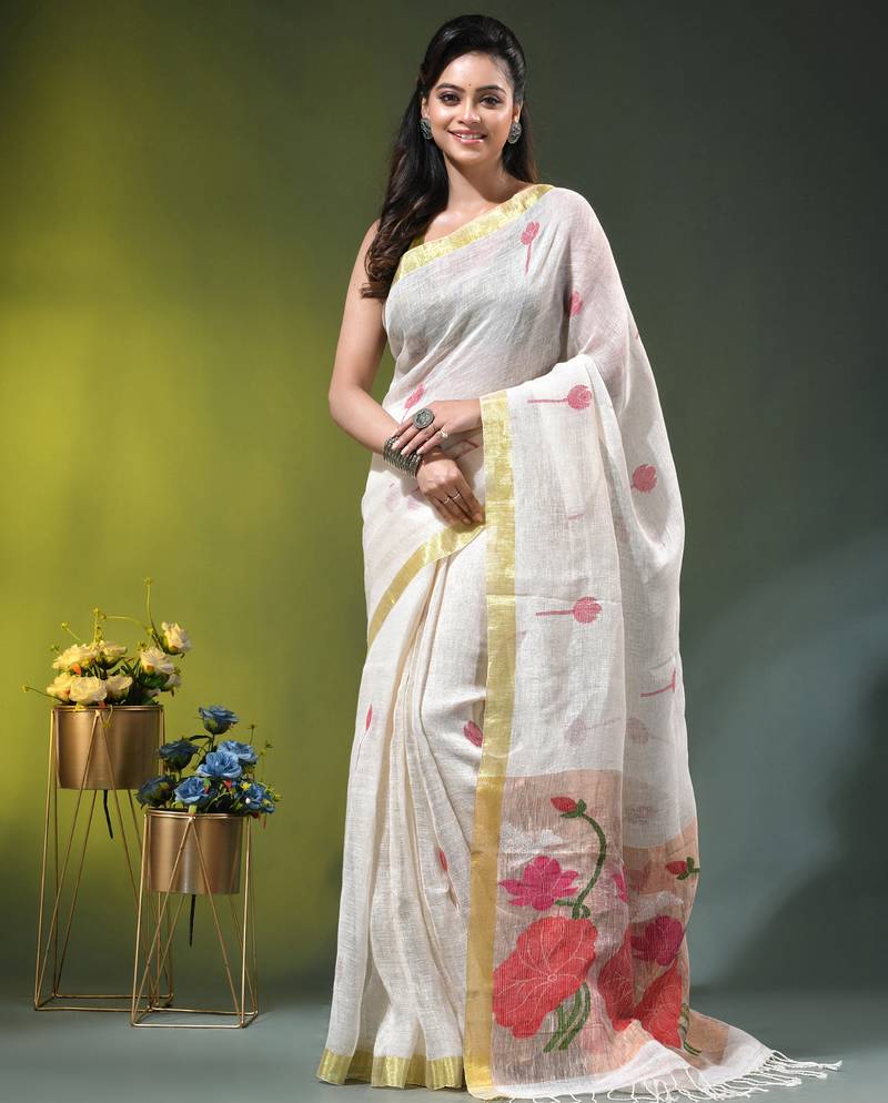 White linen saree with red floral woven design