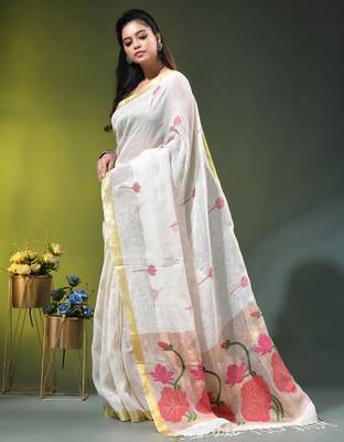 White linen saree with red floral woven design 2