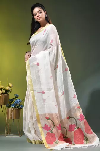 White linen saree with red floral woven design