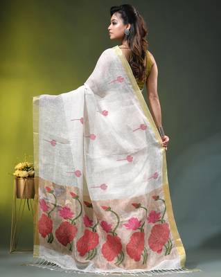 White linen saree with red floral woven design 3