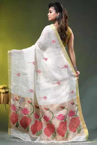White linen saree with red floral woven design