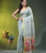 Sky blue linen saree with red floral woven design