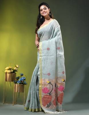 Sky blue linen saree with red floral woven design 2
