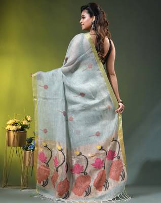 Sky blue linen saree with red floral woven design 3