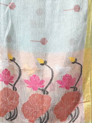 Sky blue linen saree with red floral woven design 4