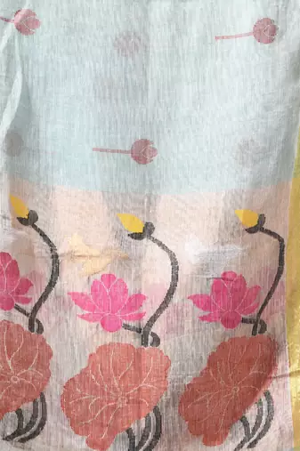 Sky blue linen saree with red floral woven design