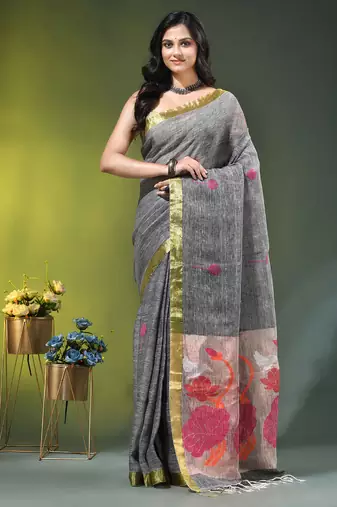 Grey linen saree with red floral woven design