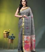 Grey linen saree with red floral woven design