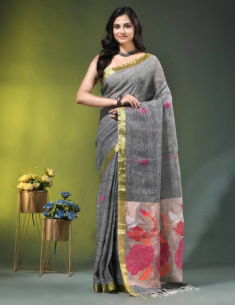 Grey linen saree with red floral woven design
