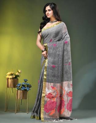 Grey linen saree with red floral woven design 2