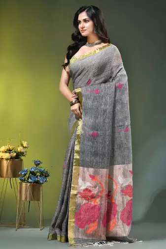 Grey linen saree with red floral woven design