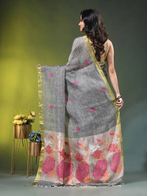 Grey linen saree with red floral woven design 3