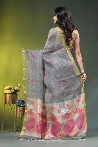 Grey linen saree with red floral woven design