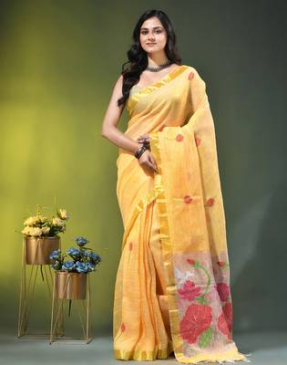 Yellow linen saree with red floral woven design 1