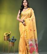 Yellow linen saree with red floral woven design