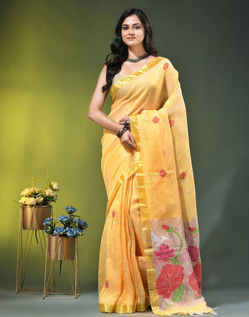 Yellow linen saree with red floral woven design