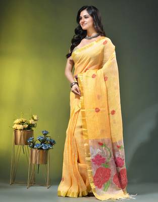 Yellow linen saree with red floral woven design 2