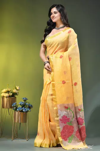 Yellow linen saree with red floral woven design