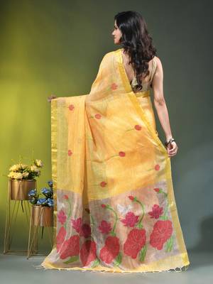 Yellow linen saree with red floral woven design 3