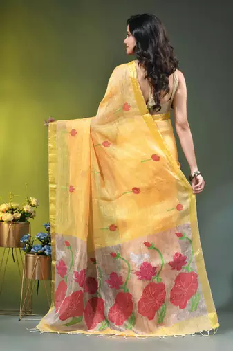 Yellow linen saree with red floral woven design