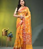 Yellow floral zari woven organza saree