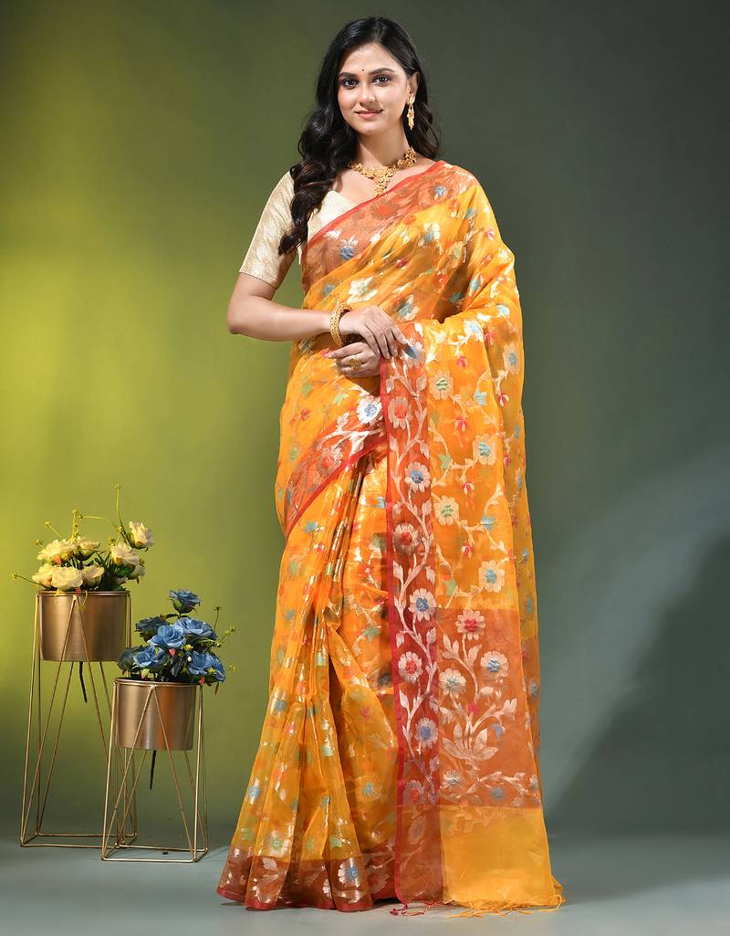 Yellow floral zari woven organza saree
