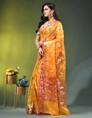 Yellow floral zari woven organza saree 2