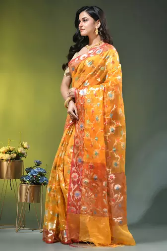 Yellow floral zari woven organza saree