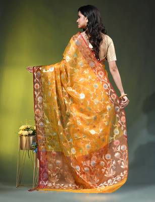 Yellow floral zari woven organza saree 3