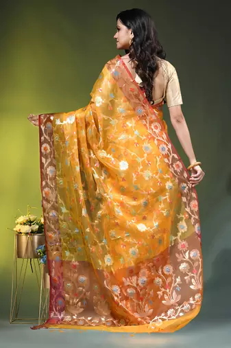 Yellow floral zari woven organza saree