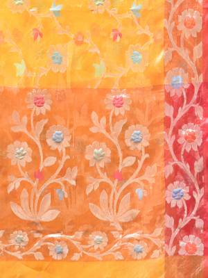 Yellow floral zari woven organza saree 4