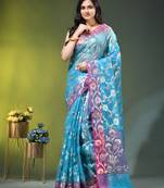 Firoza blue floral zari woven organza saree