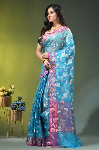 Firoza blue floral zari woven organza saree