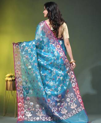 Firoza blue floral zari woven organza saree 3