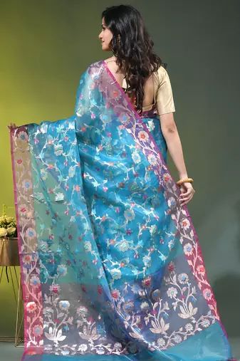 Firoza blue floral zari woven organza saree