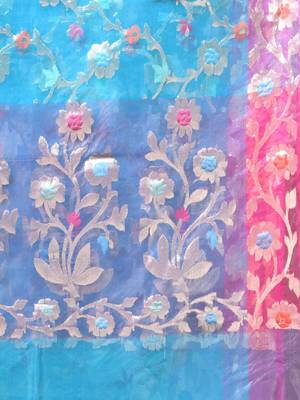 Firoza blue floral zari woven organza saree 4