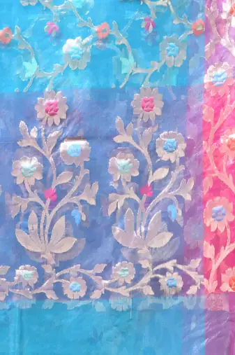 Firoza blue floral zari woven organza saree